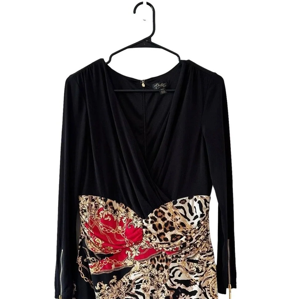 Thalia Sodi Black Red Chain Link Animal Print Sheath Ruched Bodycon LS Zipper M - Picture 2 of 16